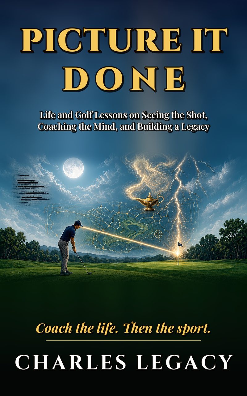 Cover of Picture It Done by Charles Legacy: a golfer aims at the flag as lightning strikes the pin and a genie rises from a lamp